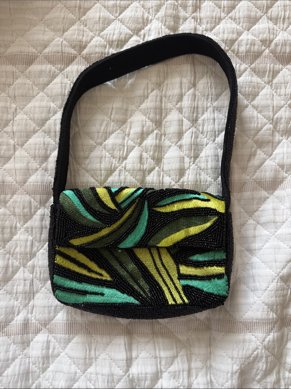 Beaded Black Shoulder Bag with Green and Yellow Pattern